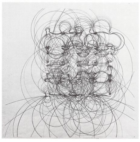 <em>Blue Circled Through Black’ (continuous line study) 23 x 23 inches. 1972. Computer; colored inks on paper.</em>